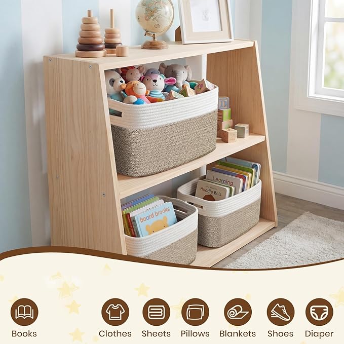 Storage Baskets for Organizing, 14 x 10 x 9” Closet Shelf Woven Baskets, Square Bins with Handles, Cotton Rope Basket for Clothes, Office, Room, White+Rice Brown 4 Pack