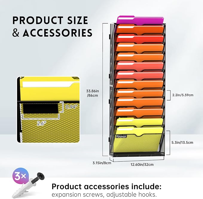 14-Tier Wall File Organizer with Base and Hooks, Hanging Organizer, Black | Wall Organizer and Wall File Holder with 14 Vertical Pockets and Bottom Tray for Files, Mail, Folders, Magazines and Paper