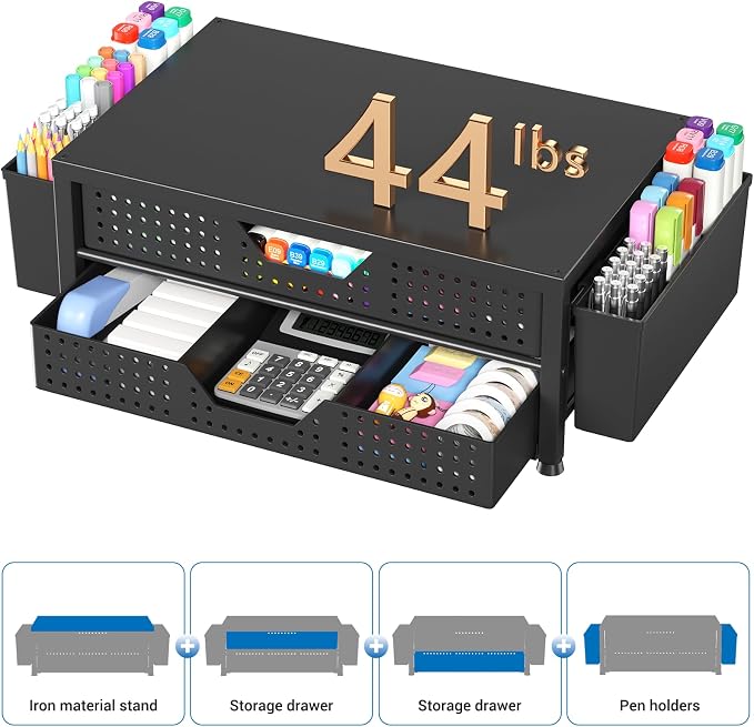 Desk Organizers and Accessories, Computer Monitor Stand Riser with Drawer and 2 Pen Holders, Printer & Laptop Stand, Office Desk Accessories & Workspace Organizers for Home Office Supplies, Black Double-Drawer