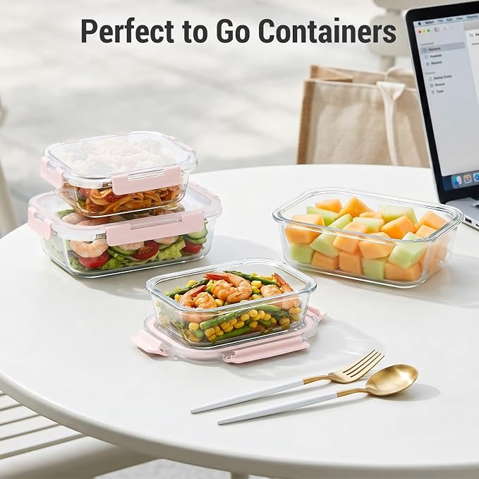 Dealusy 10 Sets (20-Piece) 36 oz & 12 oz Glass Food Storage Containers with lids, Airtight Leak-proof Glass Meal Prep Containers with Lids, Microwave Oven Freezer Dishwasher Safe, Pink