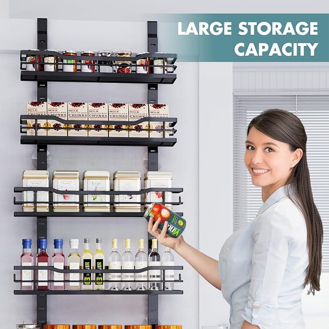 Eastherry Over The Door Pantry Organizer,6-Tier Over The Door Organizer with Adjustable Basket,Metal Hanging Pantry Organizers and Storage for Kitchen, Back of Door Seasoning Rack (Black)