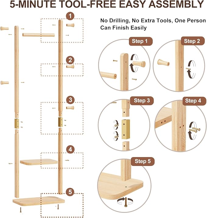 Solid Wood Coat Rack Freestanding, Clothing Rack with 5 Hooks & Bottom Shelf, Heavy Duty Coat Rack Stand for Hanging Clothes, Wood Hall Tree Organizer for Entryway, Bedroom (Natural Wood)