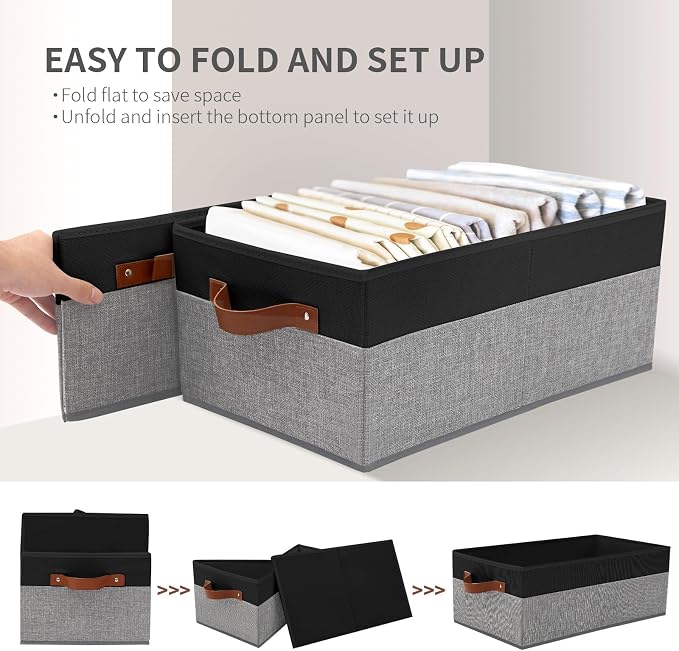 3 Pack Large Capacity Storage Bins Closet Organizer for Shelves | Fabric Closet Storage Baskets Boxes with Leather Handles for Organizing Clothes, Sheets, Jeans, Toys, Books (Black and Grey)