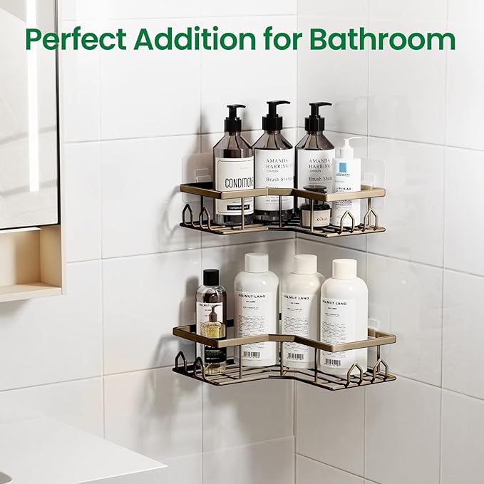 Adhesive Shower Caddy, 4 Pack Corner Bath Organizer, Rustproof Stainless Steel Shower Shelves with Large Capacity, No Drilling Shelves for Bathroom Storage, Home, Kitchen Decor(Brown).