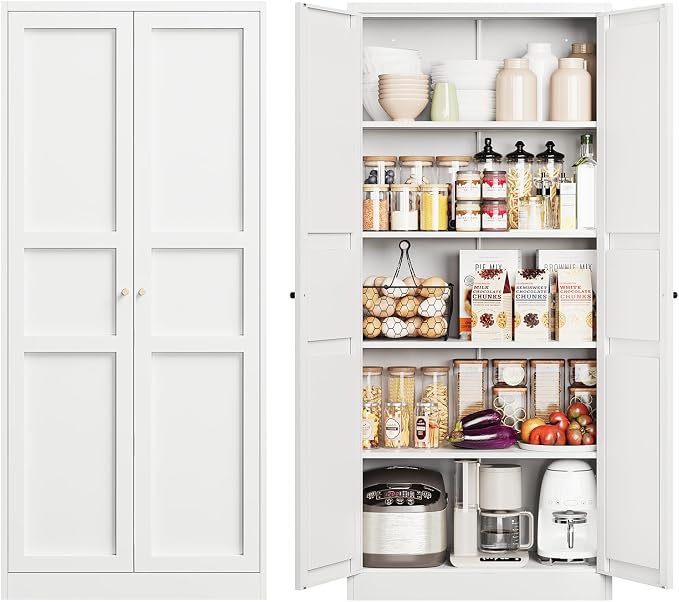Yizosh Metal Storage Cabinet - 71" White Kitchen Pantry with 2 Doors and 5 Adjustable Shelves, 5-Tier Tall Steel Locker for Living Room, Dining Room