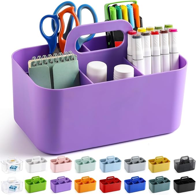 Multiuse Caddy Organizer with Handle, Portable Divided Plastic Tote Bin - Art Craft, Stationary Pen Marker Crayon, Makeup Hair Supplies Storage - Bathroom, Classroom, Dorm, Office, Desk Holder -Purple