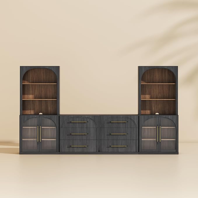 BELLEZE 6-Piece Modular TV Stand Set - 2 Arched Glass Door Sideboards, 2 Sideboards with Drawer, 2 Hutch Cabinets, Classic Modern Media Console Entertainment Center for Living Room (Ebony)