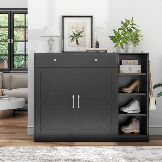 Loomie 5-Tier Shoe Cabinet with 4 Side Cubbies, Farmhouse Shoe Rack Cabinet with 6 Adjustable Shelves & 2 Drawers, Freestanding Shoe Storage Cabinet with 4 Brackets & 2 Hooks for Entryway (Black)