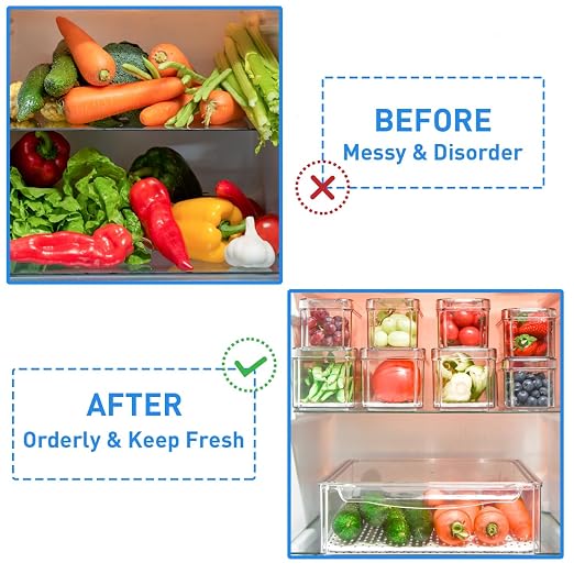 POMEAT 10 Pack Fridge Organizer, Stackable Refrigerator Organizer Bins with Lids, Produce Fruit Storage Containers for Storage Clear for Food, Drinks, Vegetable Storage