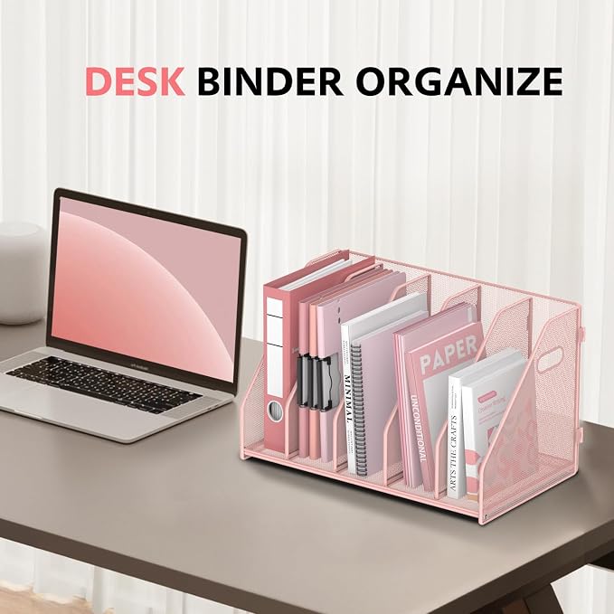 Binder Organizer, Magazine File Holder with 5 Vertical Rack, Pink | Metal Desk File Organizer & Binder Holders, Magazine Organizers for Office Desktop, Home, School, Classroom