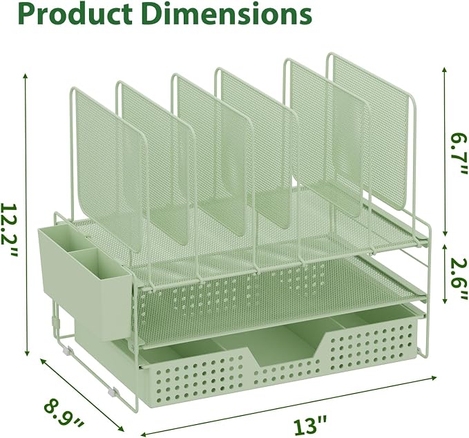 LEKETREE Green Desk Organizer, Office Organization with Vertical File Holder, File Organizer with Drawer and Pen Holder, Desk Accessories and Workspace Organizers for Home Office (Green)