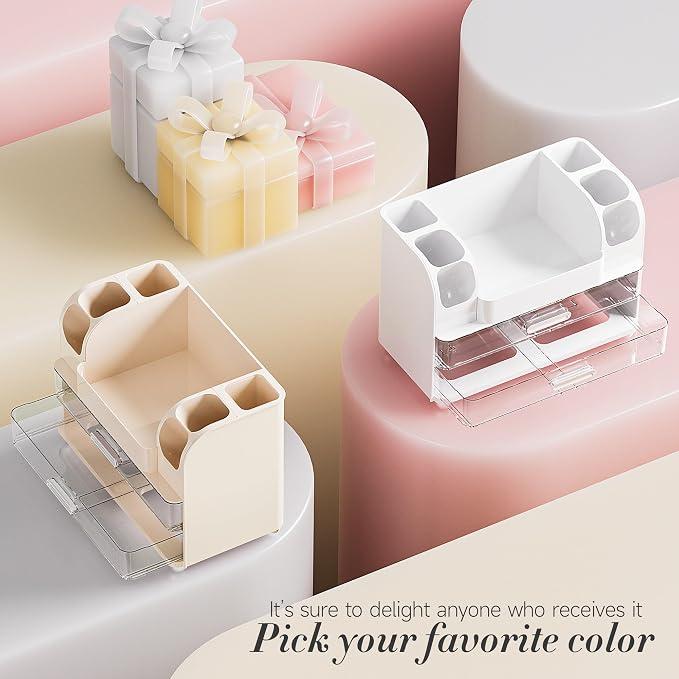 Delamu Large Makeup Organizer Countertop with 6 Brush Holders, Makeup Organizers for Vanity with 2 Large Drawers, Easy to Store Skincare, Lipsticks, Nail Polishes, Eyeshadow Palettes, Cream White