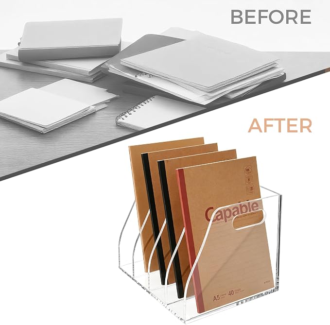 Clear Acrylic Magazine File Holder with Handles, 4-Slot Heavy-Duty Desk Organizer, Vertical Document Sorter & Book Rack for Office, Home & Classroom, Thick 5mm Tabletop Storage, 7.1x8.1x6.3 in