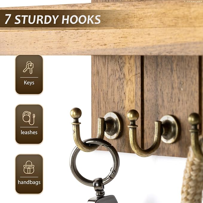 Rebee Vision Acacia Wood Key Holder Wall Mount for Home Decor, Brown | 3.54" x 15" x 7.28", 7 Key Hooks, Floating Shelf, Key Holder for Wall, Coat and Hat Storage, Rustic Home Organization