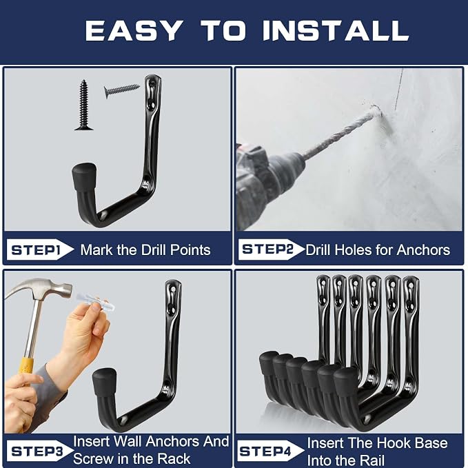 Dreecy J Utility Hooks for Hanging Heavy Duty Garage Storage Utility Hooks for Garage Wall, Color Black, 6 Pack