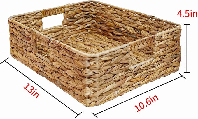 Rectangular Wicker Shelf Basket, Square Water Hyacinth Woven Storage Basket | Three-sided handle design, Natural water hyacinth material, Suitable for the living room, storage room, vanity, and wardrobe
