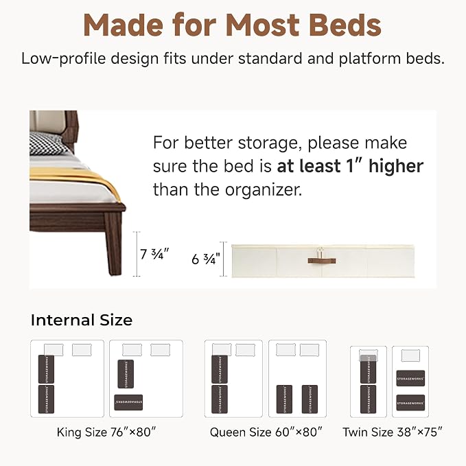 StorageWorks Underbed Storage Containers with Lids, 2-Pack 7" XL Under Bed Organizers for Clothes, Bedding and Sweaters, 73L Low Profile Fabric Storage Bins, Foldable Space Saving, Beige
