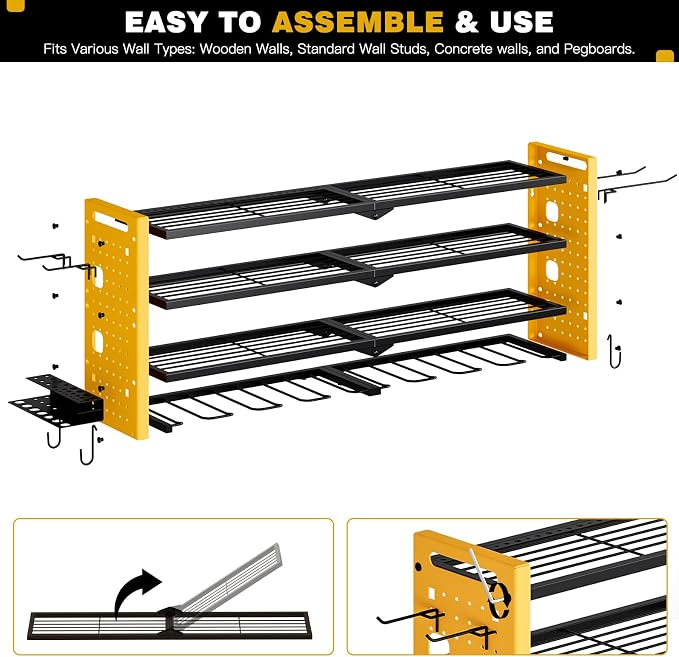 NattyDot Power Tool Drill Holder Wall Mount, 4Tier Garage Organizer, Yellow | 4-tier Utility Rack Stores 8 Cordless Drills, Batteries and Accessories while Freeing Extra Garage Wall Storage Space