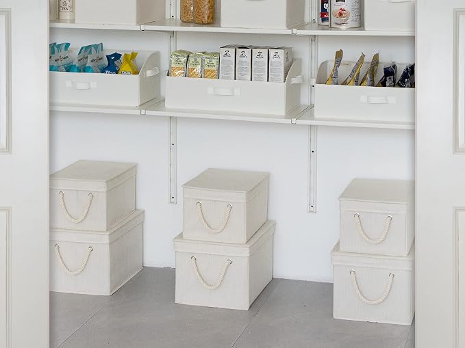 StorageWorks Storage Bins with Lids, Decorative Storage Boxes with Soft Rope Handles, Foldable Stackable Storage Baskets for Closet, Shelves, 3-Pack, Ivory and White, Jumbo