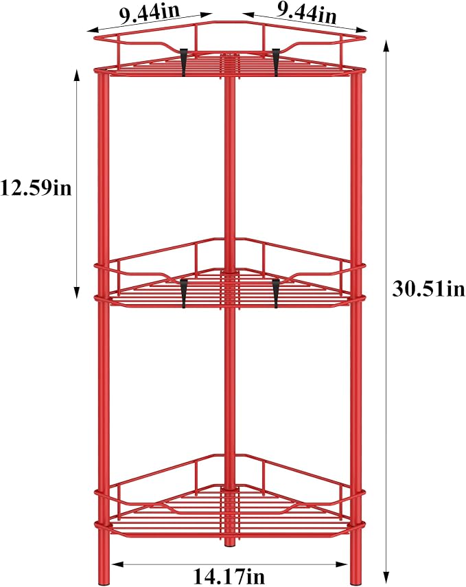 HuggieGems 3 Tier Floor Standing Corner Shower Caddy Organizer Shelf with Hooks, Bathroom Shelves Stand Rack, Red