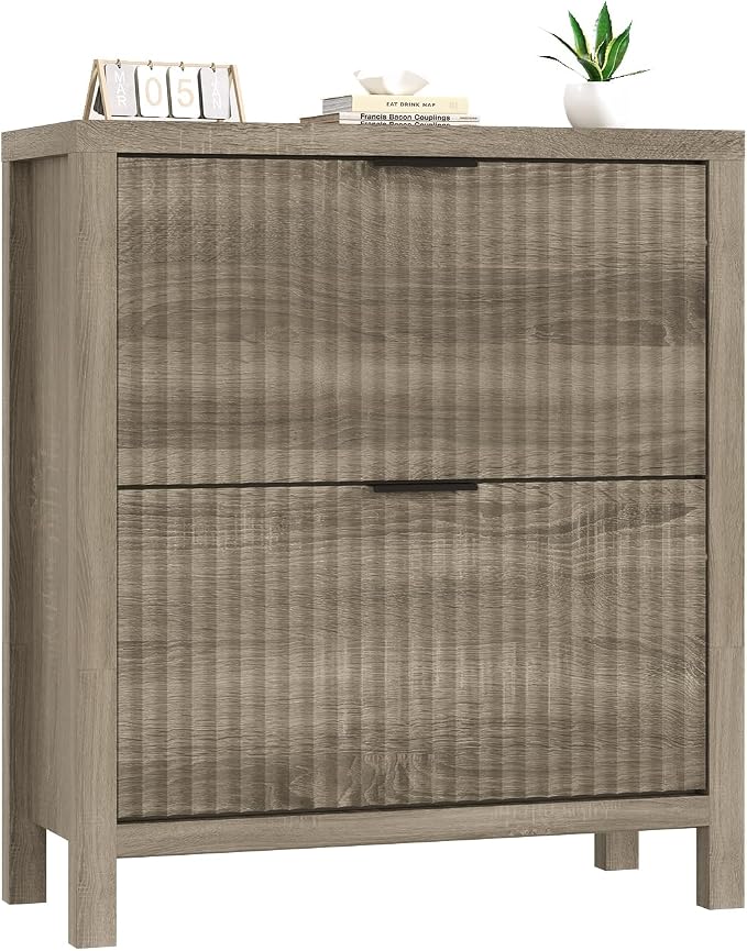 Fluted Shoe Cabinet Storage with 2 Flip Drawers for Entryway, Hallway | Narrow Shoe Rack Freestanding Shoe Organizer with Legs for Entryway,Hallway, Grey