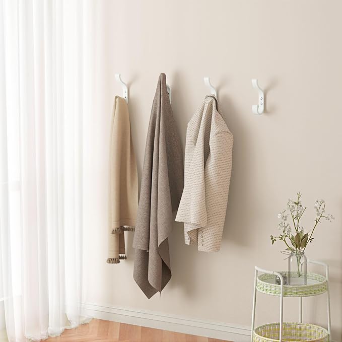 Large Wall Hooks For Hanging Coat: Metal Coat Hooks Wall Mount - Wall Hooks For Hanging Heavy Duty (30Lb) - Screw In Hooks - Mudroom Hooks for clothes, Backpack, Purse, Bathroom Towel (White, 6 Pack)
