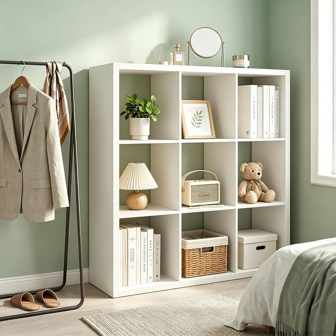 CTESNE【Wooden Thick Frame 9 Cube Storage Organizer Shelf with Anti-Tipping Kits + Reversible Open Back Bookcase, Horizontal and Vertical Dual-use Standing Bookshelf(White,13inch)