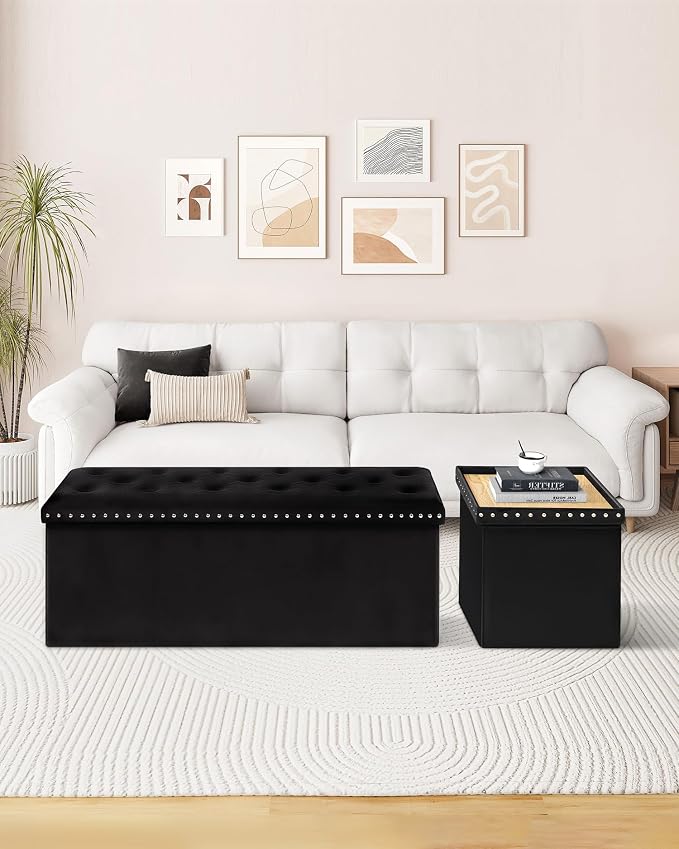 B FSOBEIIALEO Storage Ottoman Bench, Folding Tufted Ottomans with Storage, Extra Large 140L Storage Boxes Footrest Bench for Bedroom, Luxury Velvet Fabric 43 Inches Black