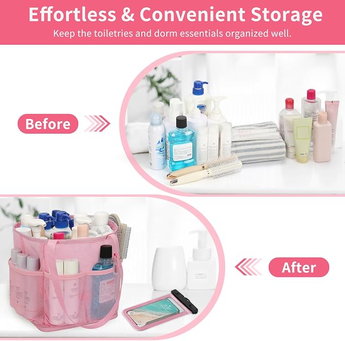 Mesh Shower Caddy Portable for College Dorm Room Essentials, Hanging Shower Caddy with Waterproof Phone Pouch, Large Capacity Shower Bag Basket Tote for Bathroom, Gym, Camping, Swimming, Beach, Pink