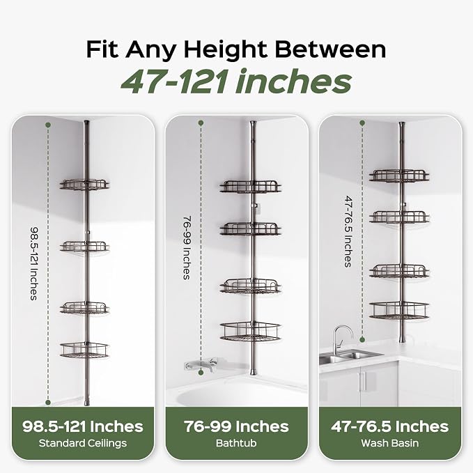 HAMITOR Shower Caddy Tension Pole: 4-Tier Rustproof Bathroom Corner Shelf Organizer for Renters - No Drill Large Shampoo Storage Rack Adjustable 47-121 Inch - Space Saving Bathtub Accessory - Bronze