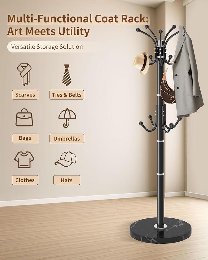 Modern Coat Rack Stand, 360° Rotary Metal Freestanding Coat Rack with Natural Marble Base, White Coat Racks and Coat Hanger Tree Jacket Stand with 14 Hooks for Office, Entryway, Hallway