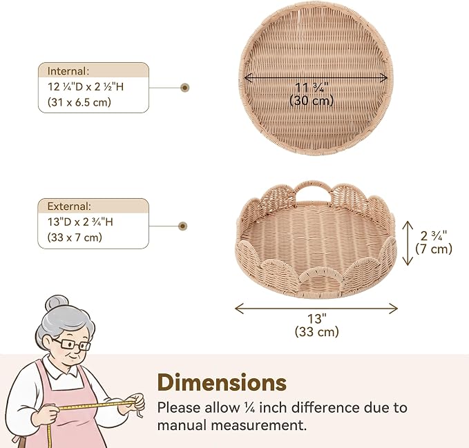 GRANNY SAYS Wicker Decorative Scalloped Trays for Home Decor, Coffee Table Trays with Handles, Woven Rattan Tray for Kitchen Counter, Round Serving Tray Decor for Living Room and Ottoman