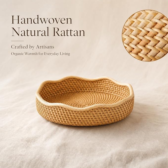 YANGQIHOME Rattan Bread Basket, Round Fruit Baskets, Wicker Storage Bowls, Natural Woven Serving Basket Bowls, Decorative Baskets for Kitchen Counter Organizing (Natural S)