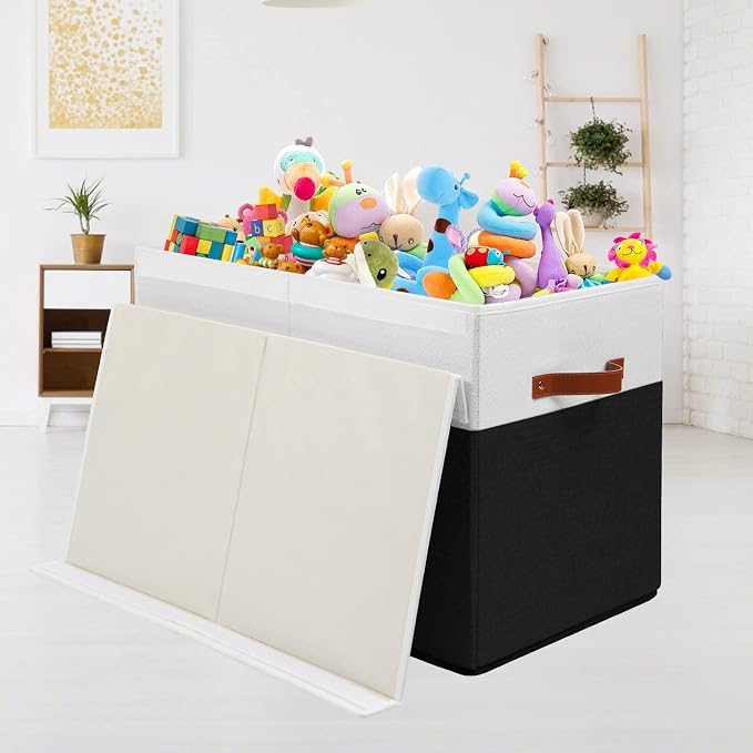 Large Toy Storage Box with Lid, Toy Chest Bin Boxes Basket with Dividers | Sturdy Toy Organizer Bin for Kids, Boys, Girls, Nursery, Living Room, Bedroom, Playroom 25"x13" x16" (Black and White)
