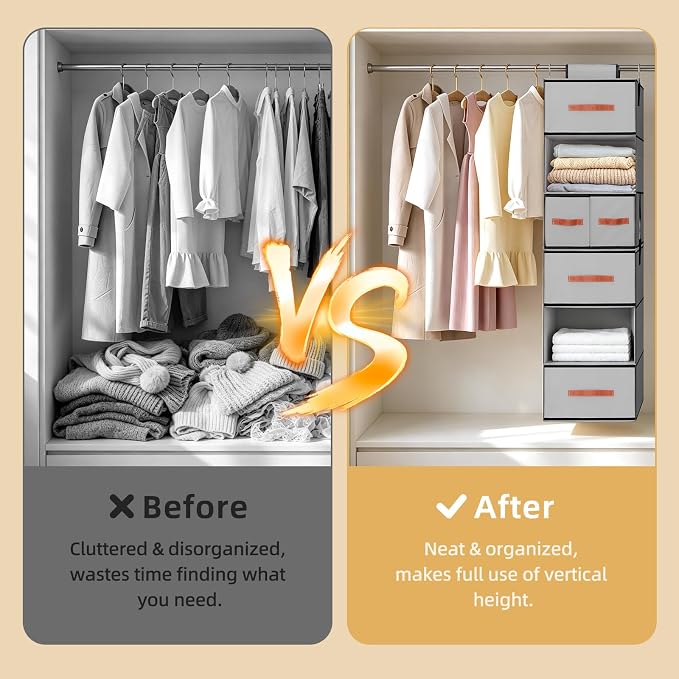 Hanging Closet Organizer 6-Shelf, Upgrade Closet Organizers and Storage with 5 Removable Drawers & 4 Side Pockets, Hanging Shelf Organizer for Bedroom or Garment Rack, 12.6'' x 12.6'' x 44.1'', Gray