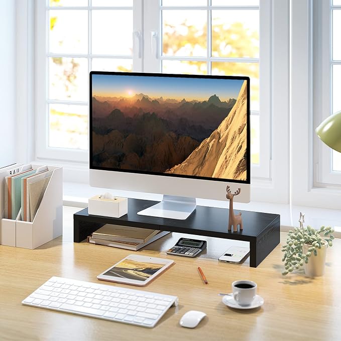 TEAMIX 20 Inch Monitor Stand Riser for Desk, Wood Computer Stand, Black | Fits Laptop, Printer, TV, PC Tower, Full Keyboard Storage Underneath, Ergonomic, Desk Organizer for Home Office, Gaming Setup