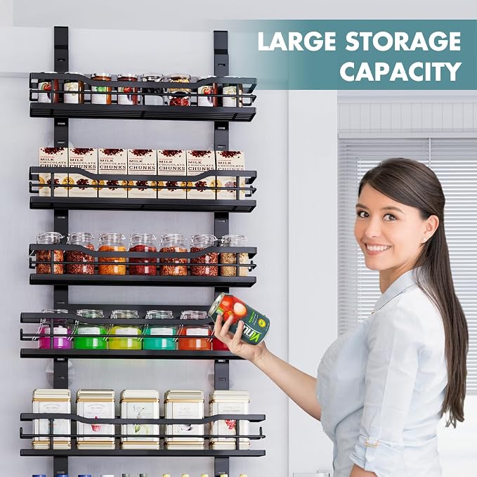 Eastherry Over The Door Pantry Organizer,9-Tier Over The Door Organizer with Adjustable Basket,Metal Hanging Pantry Organizers and Storage for Kitchen, Back of Door Seasoning Rack (Black)
