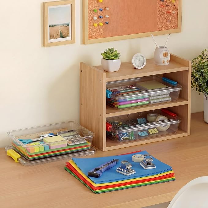 Fullhawl 8 Pcs Thickened Paper Storage Bin with Latching Lid, Label Clear Plastic Stackable Letter Size Tray Storage Container Arts Crafts Classroom Office Home Teacher Sorting (Rainbow)