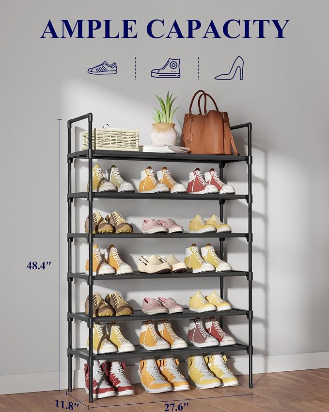 Kitsure Shoe Rack for Closet, Shoe Organizer, 27.6" Wide - 6 Tier, Black | Shoe Storage for Closet, Entryway, Easy- Assembly& Space-Saving Shoe Shelf with Side Handle, Closet Organizer