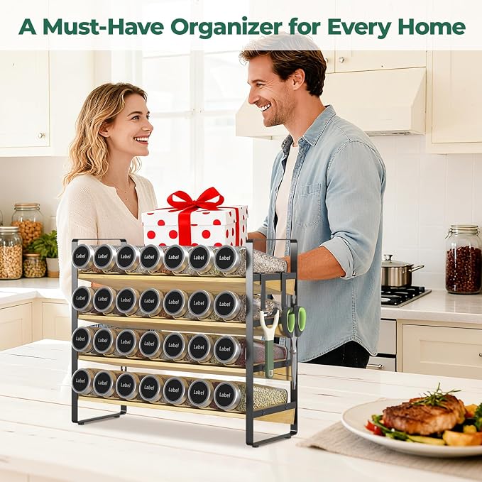 EsLuker.ly Spice Seasoning Rack Organizer Kitchen Countertop, 4 Tier Bamboo | Spice Shelf Holder Storage with 4 Hooks, Wall Mounted Freestanding Stand for Pantry, Quick Spice Access(Jars Not Included)