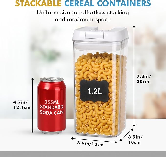 Shazo Airtight Food Storage Containers with Lids - 6 PC BPA Free Clear Plastic Cereal Containers with Easy Lock Lids for Kitchen and Pantry Organization for Snacks and Pasta - 1.2 L