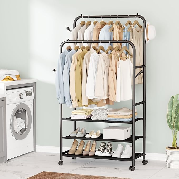 Furologee Clothes Racks for Hanging Clothes, Double Rods Clothing Rack with 3-Tier Storage Shelves, Rolling Garment Wardrobe with Wheels, Portable Free Standing Closet for Bedroom, Laundry Room, Black