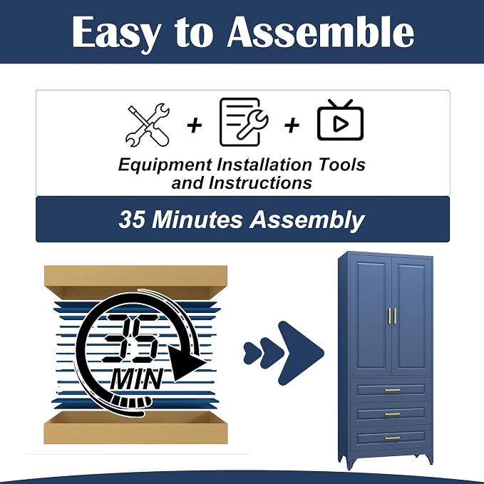 SteeLoong 75" Metal Storage Cabinet with Doors and 2 Adjustable Shelves | Kitchen Pantry Cabinet with 3 Drawers,Blue Kitchen Cabinet with 2 Gold Handles,Food Cupboard for Livingroom,Pantry, Bathroom