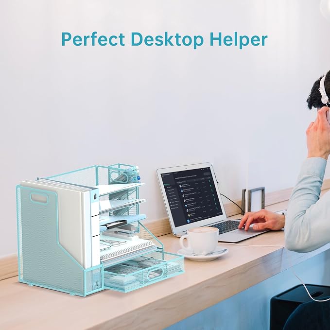 Desk Organizer with 5 Tier File Holder and Sliding Drawer Pen Holder Black | Paper Letter Tray with 3 Tilted File Sorters to Keep Desk Accessories and Office Supplies within Reach