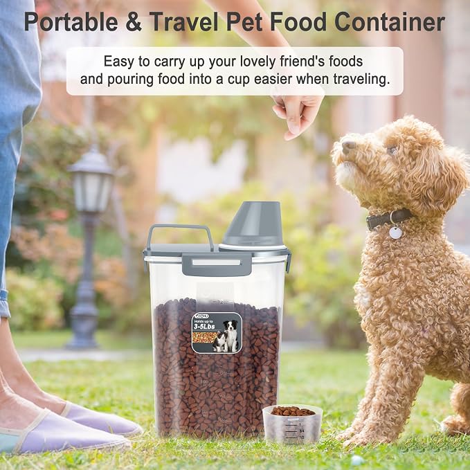 Dog Cat Food Storage Container with Cup (Dark Gray, 2.5L) | Pet Food Pourable Container Airtight with Large Spout, BPA-Free Plastic Food Dispenser for Pet Food, Bird Seed, Rice, Flour