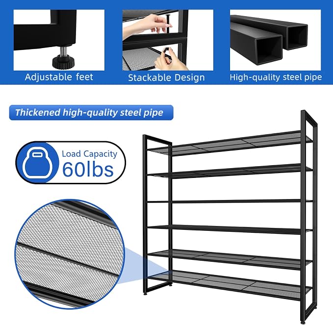 Simple Trending 12 Tier Shoe Rack Holds 60 Pairs, Sturdy Tall Shoe Organizer, Heavy Duty Large Metal Stackable Shoe Shelf for Entryway, Closet, Bedroom, Black