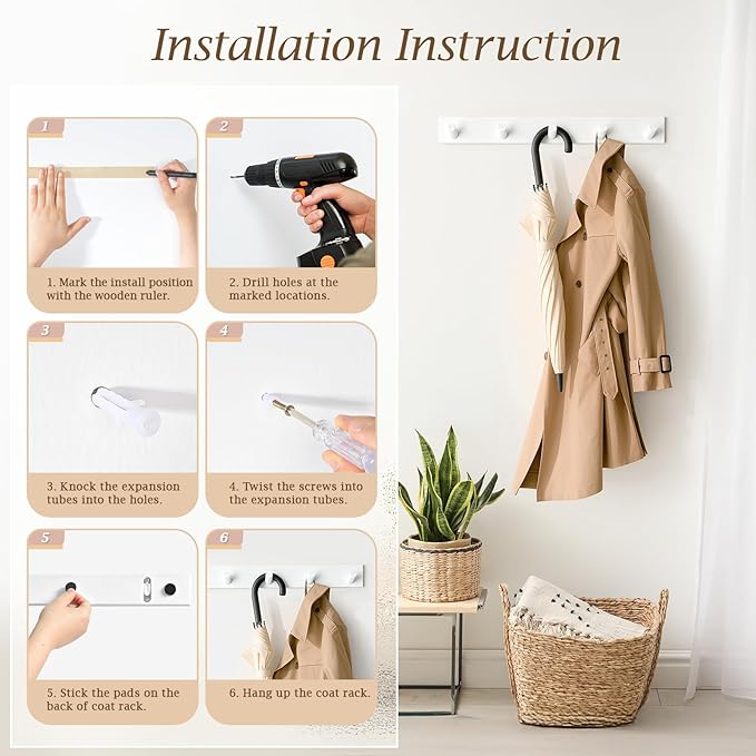 Coat Rack Wall Mount, Wooden Coat Hanger, White, 1 Pcs | Heavy Duty, 5 Sturdy Rounded Hooks, Bamboo Wood Material, for Entryway, Doorway, Living Room, Kid's room, Living Room, Closet