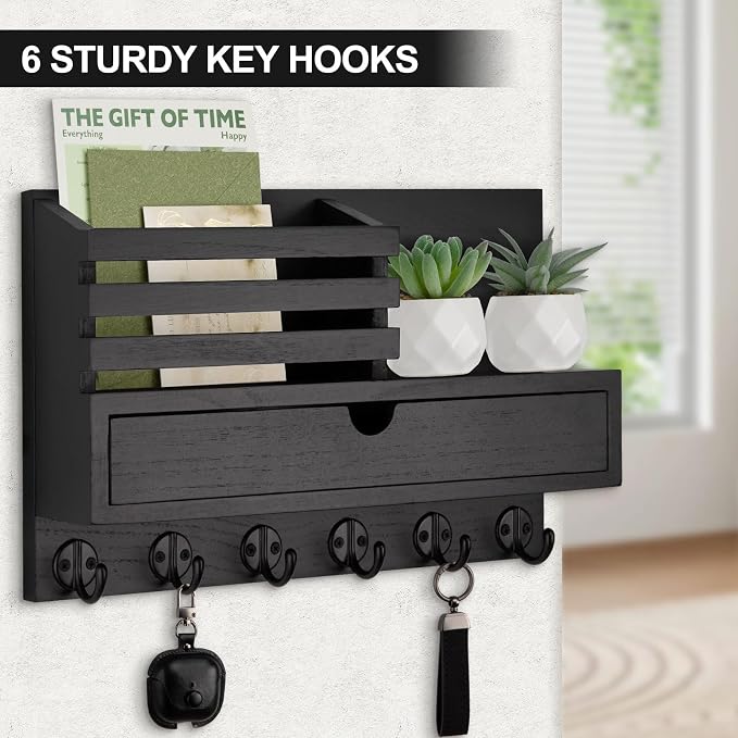 Key Holder Wall Mount, Mail Holder with Storage Drawer and 6 Key Hooks for Coat, Dog Leash, Home Decor Rack, House Accessories, Entry Way Organizer