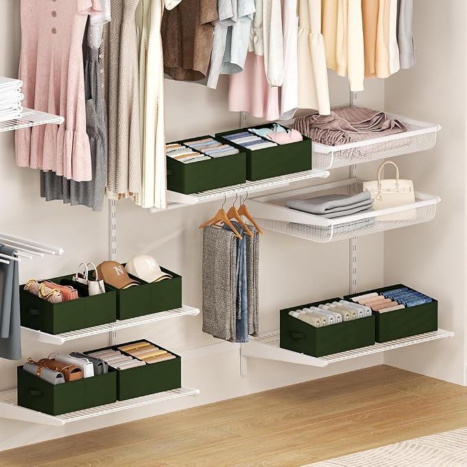 DIMJ Large Closet Shelf Organizer Bins 4 Packs with Handles and Divider, Fabric Trapezoid Storage Baskets, Foldable Clothes Containers Box for Shelf, Towel, Book, Toy, Purse, Hats, Green