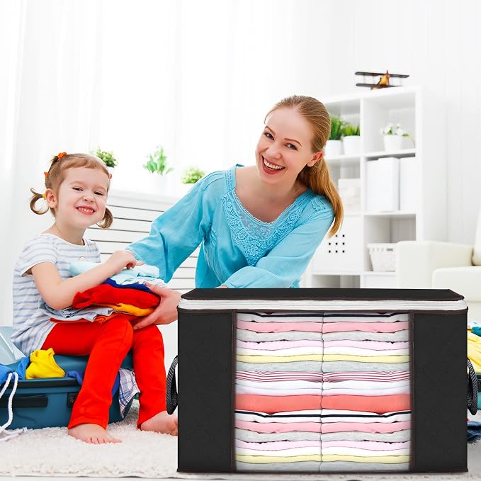 90L Large Storage Bags, 3 Pack Clothes Storage Bins Closet Organizers | Foldable Storage Containers, with Reinforced Handle, for Clothing, Blanket, Comforters, Bed Sheets, Pillows and Toys,Black